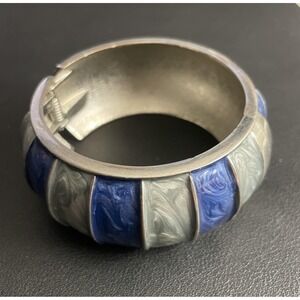 Vintage Chunky Bangle Bracelet Women Hinged Silver Blue Wide